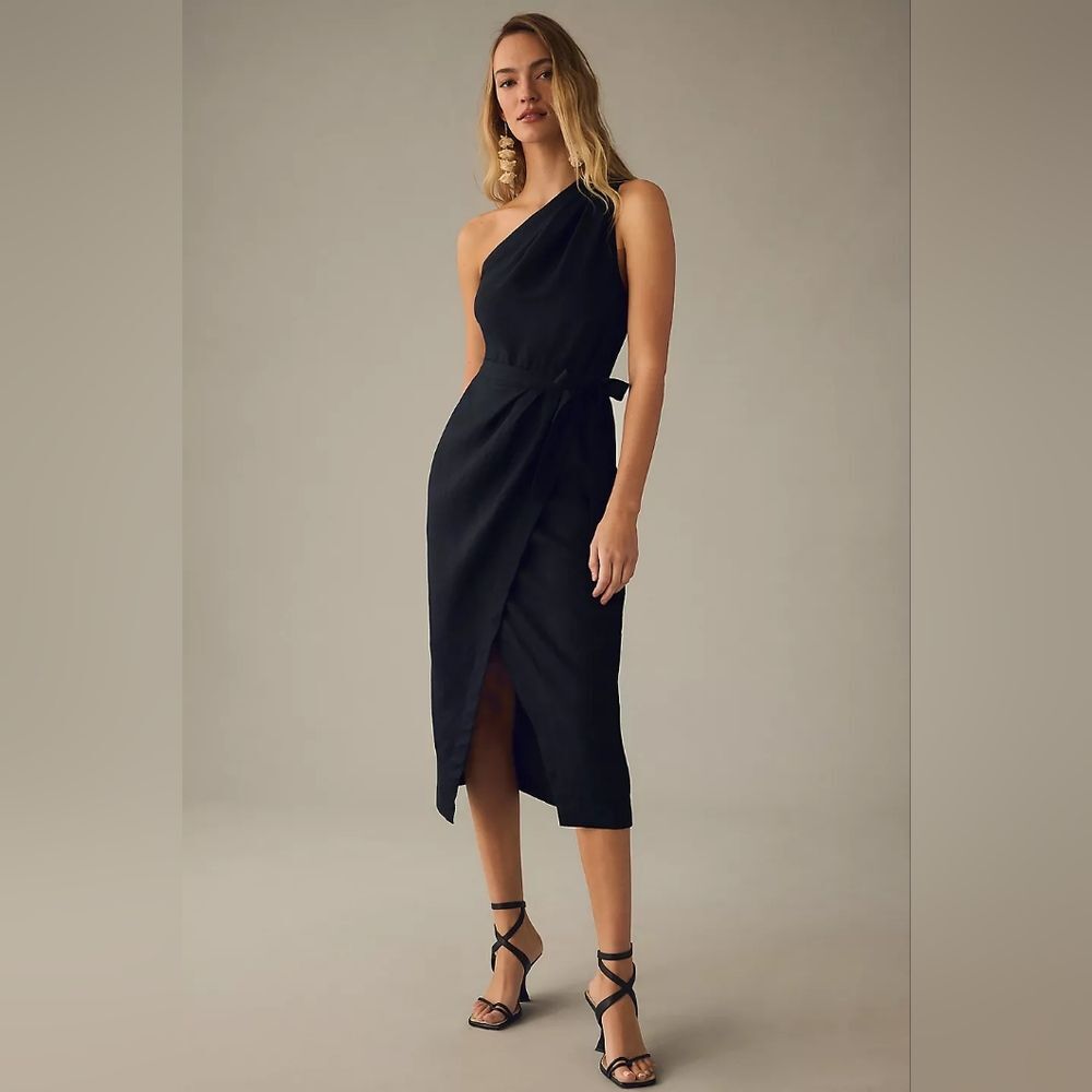 By Anthropologie Black One Shoulder Linen Wrap Dress NWT Sz 0